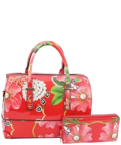 2 in 1 Patent Floral Satchel LY0971W RED